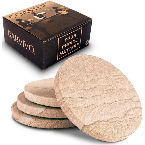 Barvivo Coasters for Drinks Absorbent - Set of 4 Natural Sandstone Coasters for Coffee Table - Drink Coasters for Tabletop Protection - Suitable for Drinks, Coffee & All Table-Tops