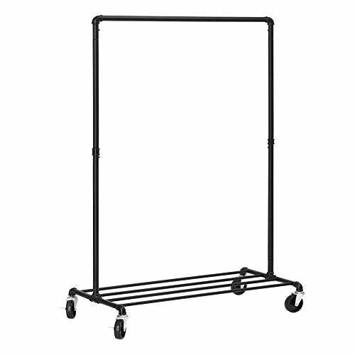 SONGMICS Heavy Duty Metal Clothes Rack on Wheels, Holds 90 kg, Industrial Design, Coat Stand with 1 Clothes Rail and Shelf, for Bedroom Laundry Room, Black HSR61BK 0