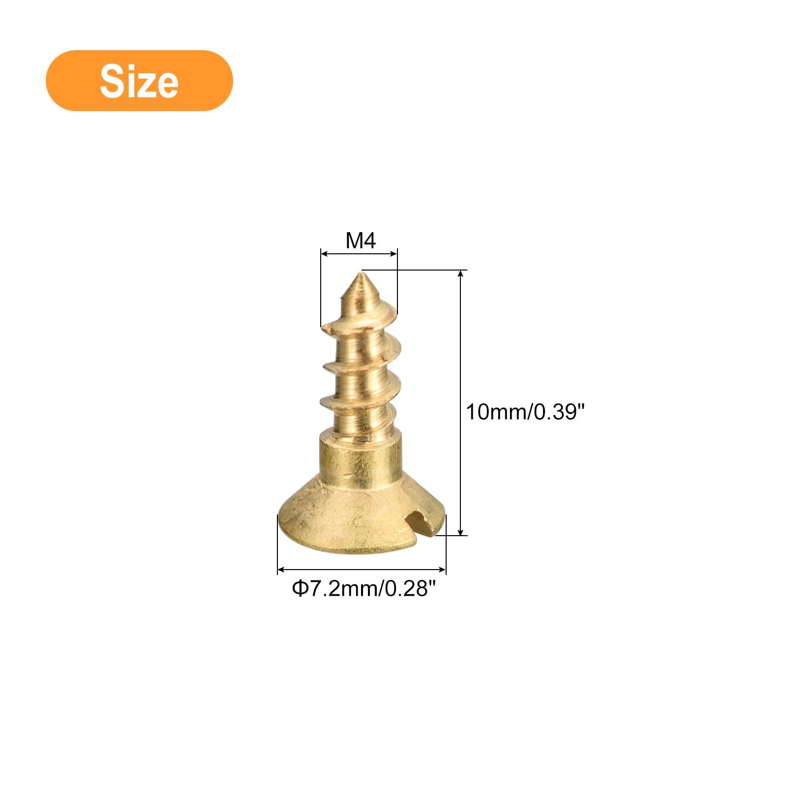 sourcing map Brass Wood Screws, 100Pcs M4 x 10mm Slotted Drive Flat Head Self Tapping Screw Countersunk for Woodworking Furniture 1