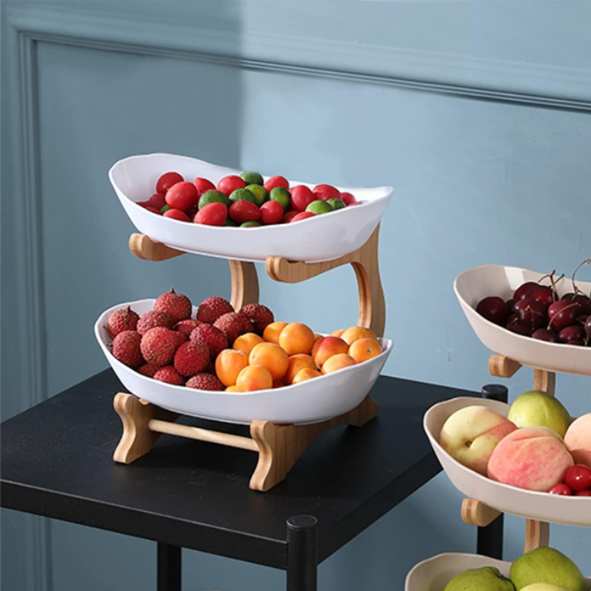 DOERDO 2 Tier Fruit Basket for Kitchen, Tiered Vegetable Serving Tray Dessert Appetizer Cake Dish with Wood Stand for Desktop Display 3