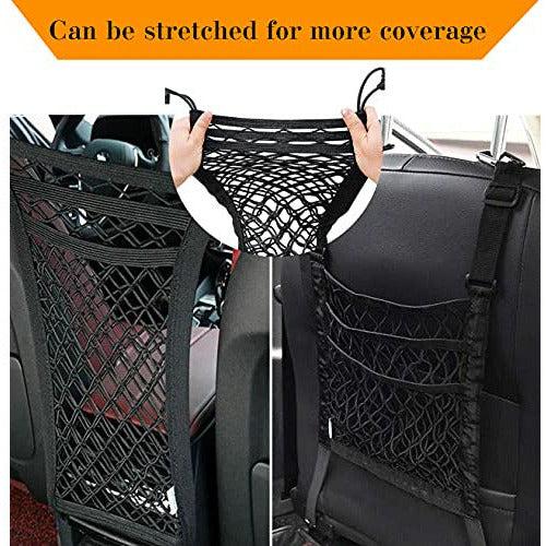 3-Layer Car Mesh Organizer with 2 Storage Hooks Seat Back Net Bag with Cord Fastener Stretchable Barrier of Backseat for Divider Pet Kids Driver Storage Netting Pouch 3