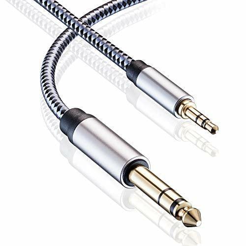 3.5mm to 6.35mm TRS Stereo Audio Cable 8M, Gold-Plated Terminal Silver Color Zinc Alloy Housing 3.5mm 1/8" Male TRS to 6.35mm 1/4" Male TRS Nylon Braided Stereo Audio Cable for iPhone, Amplifiers (8M) 1