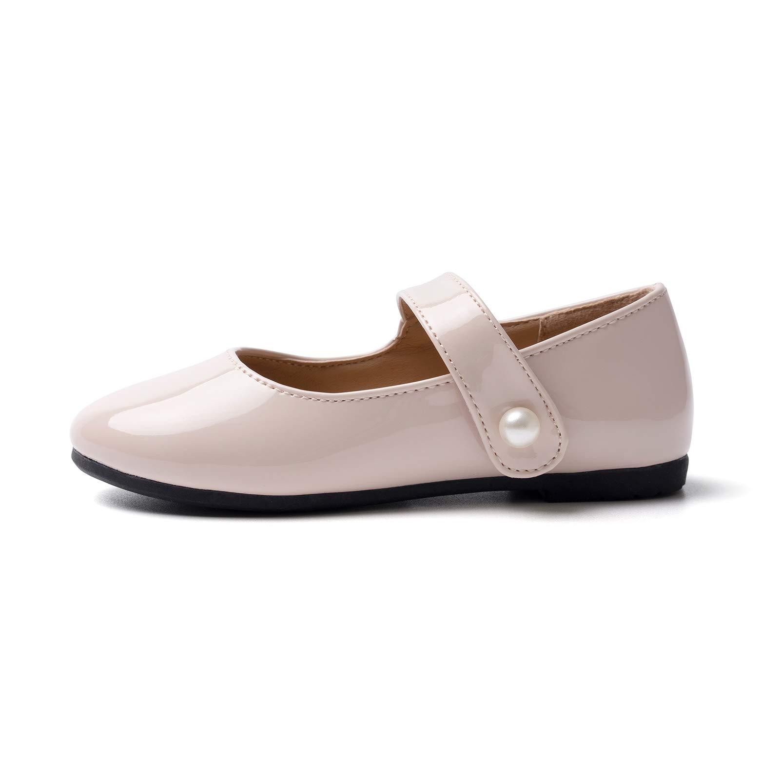 HEVA Classic Mary Jane Shoes for Girls Hook and Loop Wedding Dress Flats School Shoes(10.5UK 29EU,Nude) 1