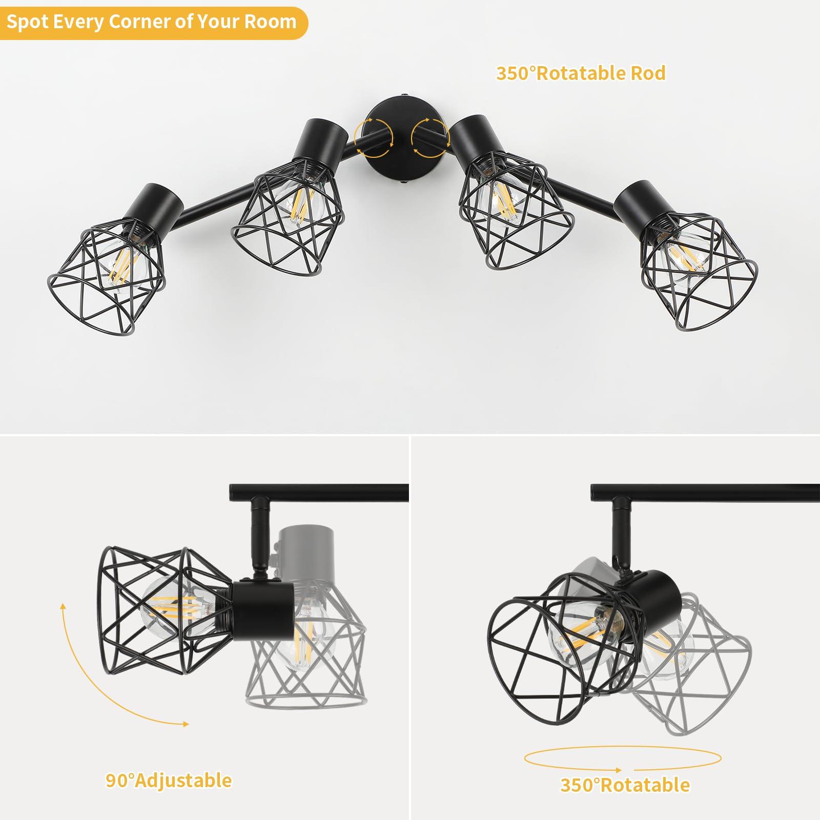 FORCOSO Ceiling Lights Spotlight - 4 Way Spot Lights 350°Adjustable, E14 Base Black Light Shade Metal Wire Cage Light Fittings, Industrial Wall Ceiling Lamp for Kitchen Living Room Hallway Bathroom 1