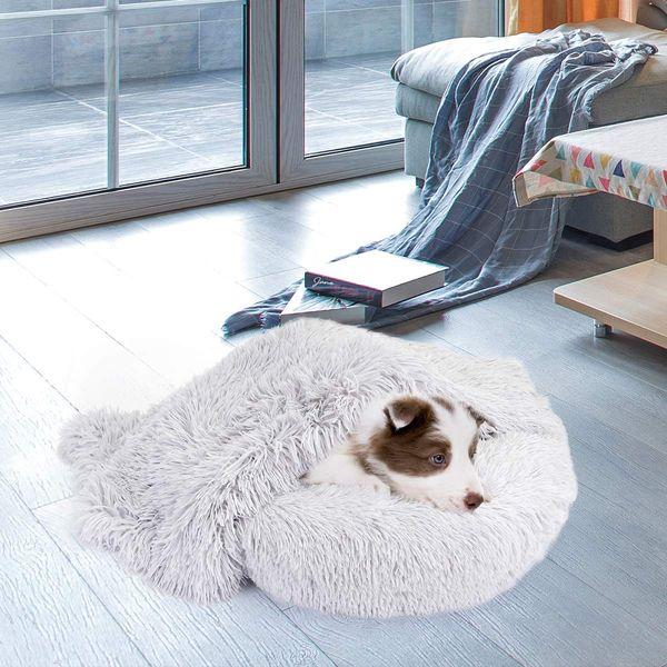 Belababy Dog Cat Donut Bed with Soft Blanket, Calming Dog Cat Bed Medium with Soft Plush, Puppy Bed Dog Beds with Fluffy Cuddler, Anti Anxiety Dog Bed with Anti-Slip Bottom (L, Light Grey) 3