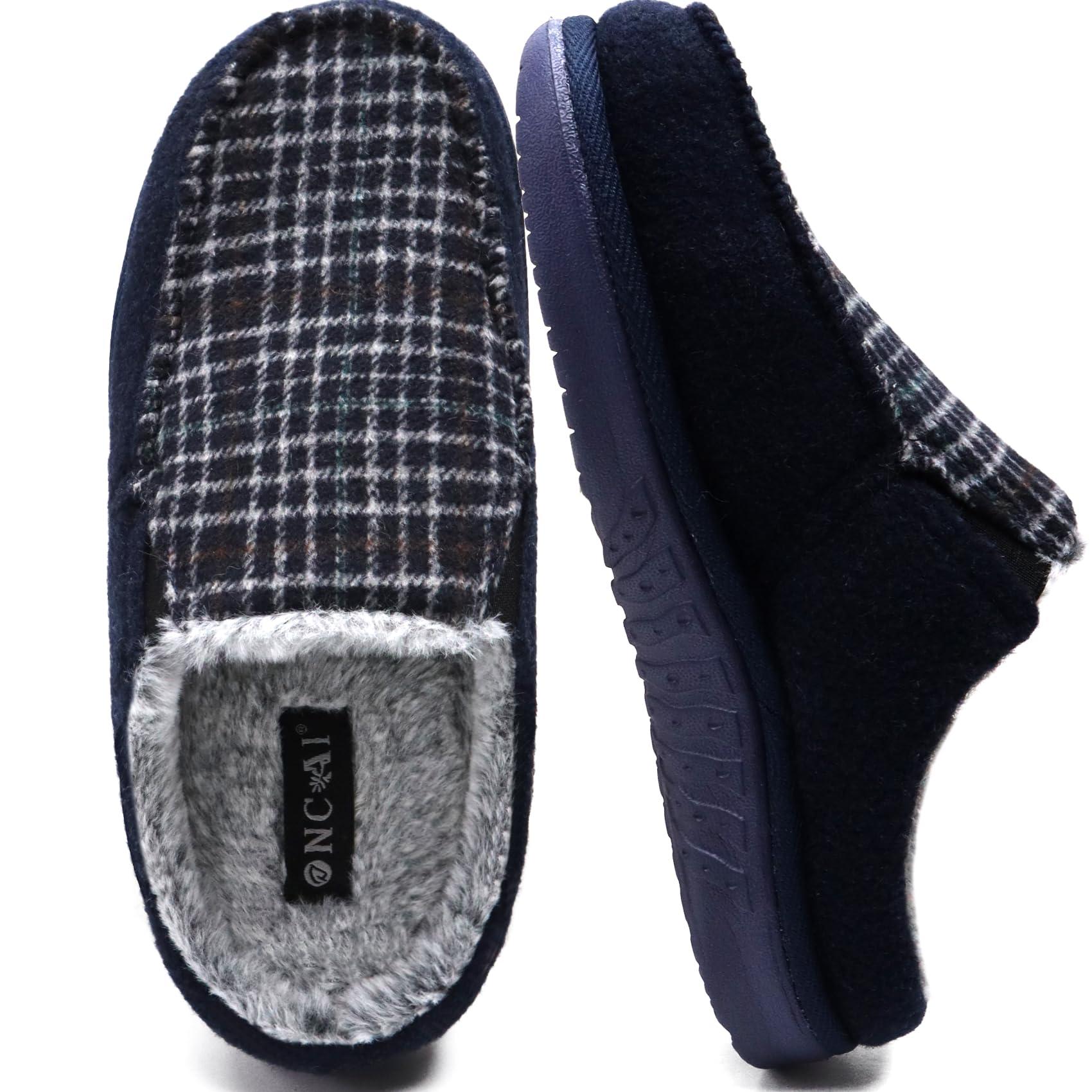 ONCAI Mens House Slippers with Arch Support,Wool and Cotton-Blend High-Density Memory Foam Clogs Felt Slippers with Orthotic Plantar Fasciitis Indoor Outdoor Rubber Soles Plaid Blue Size 7 0