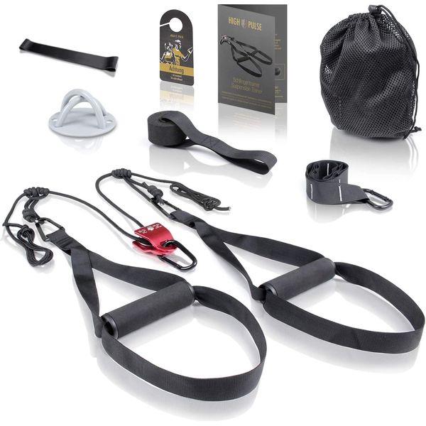 High Pulse® Sling Trainer Set (7 Pieces) - Comprehensive Sling Trainer Kit with Pulley, Door Anchor, Wall Mount, Posters, Door Sign, Bag and Fitness Band for an Effective Full-Body Workout