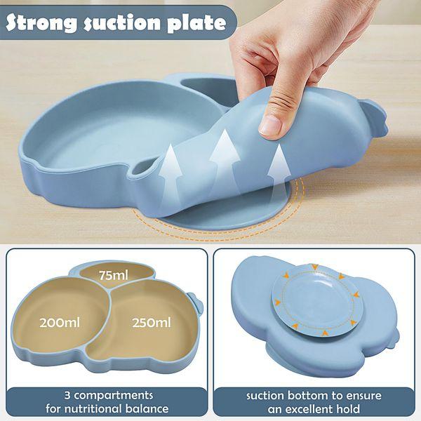 Hoseay Baby Led Weaning Set Silicone Baby Feeding Set 6 Pcs with Suction Plate Bowl Cup Bib Fork Spoon Baby Plate Set First Meal Cutlery for Toddlers Babies Kids, Blue Rabbit 3