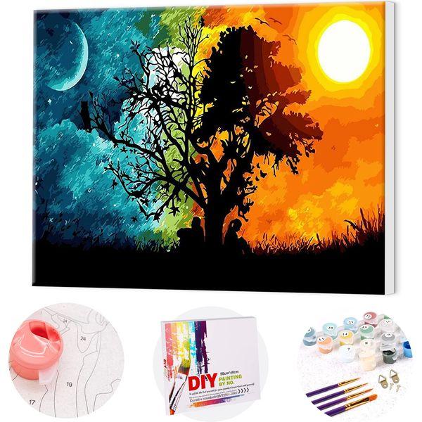 TAHEAT DIY Paint by Numbers Kit for Adults Beginner, Colorful Landscape Painting by Numbers on Canvas DIY Acrylic Painting 16x20 Inch - Sun and Moon Tree Wooden Frame 0