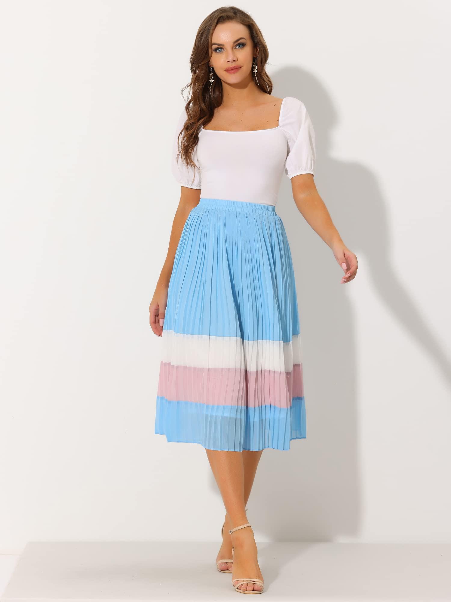 Allegra K Women's Chiffon High Waist Color Block A-Line Pleated Midi Skirt Pleated Skirt Watermelon Pink L-16 2