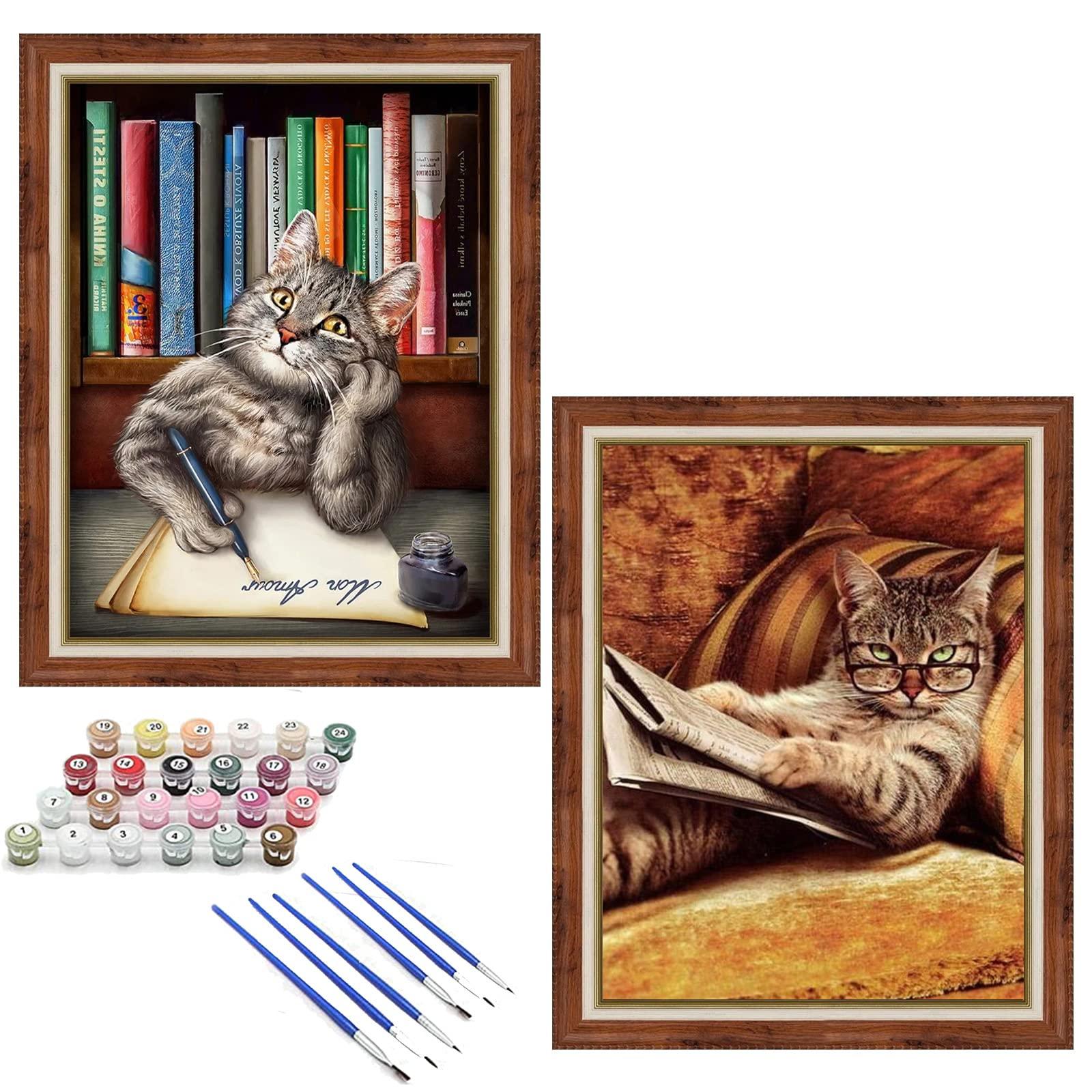 Paint by Numbers for Adults DIY Cat is Reading and Writing 2 pcs 16x20 inch Easy Canvas Oil Painting Kits with Brushes and Acrylic Pigment Interesting Animals Paintings Home Wall Decor (Frameless)