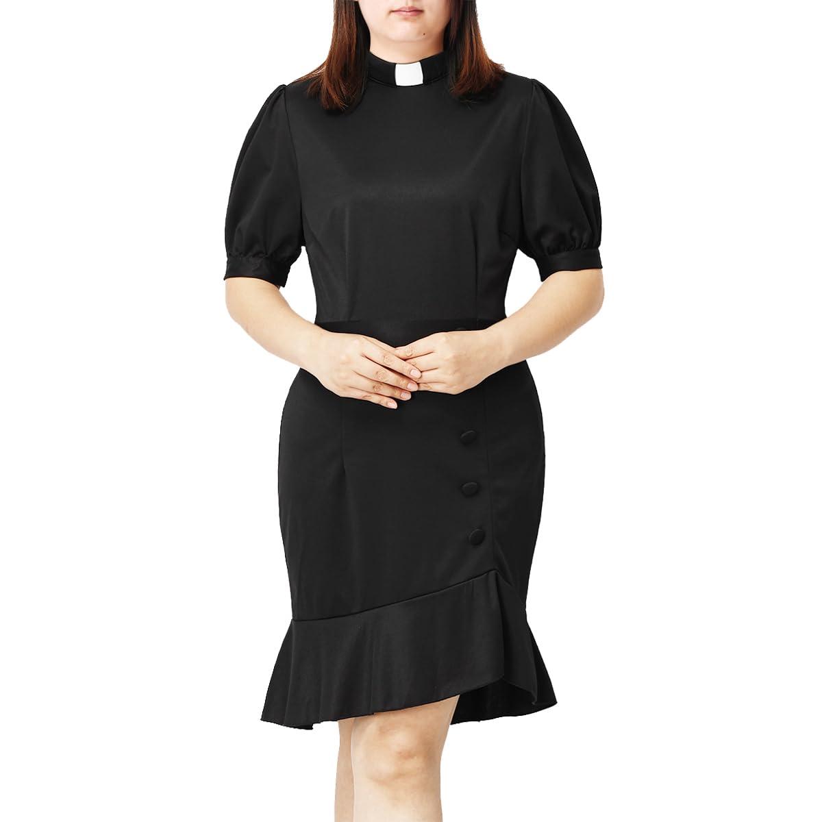 COSDREAMER Christian Catholic Church Womens Clergy Tab Collar Dress Ruffle Hem Bodycon Dress，L Black