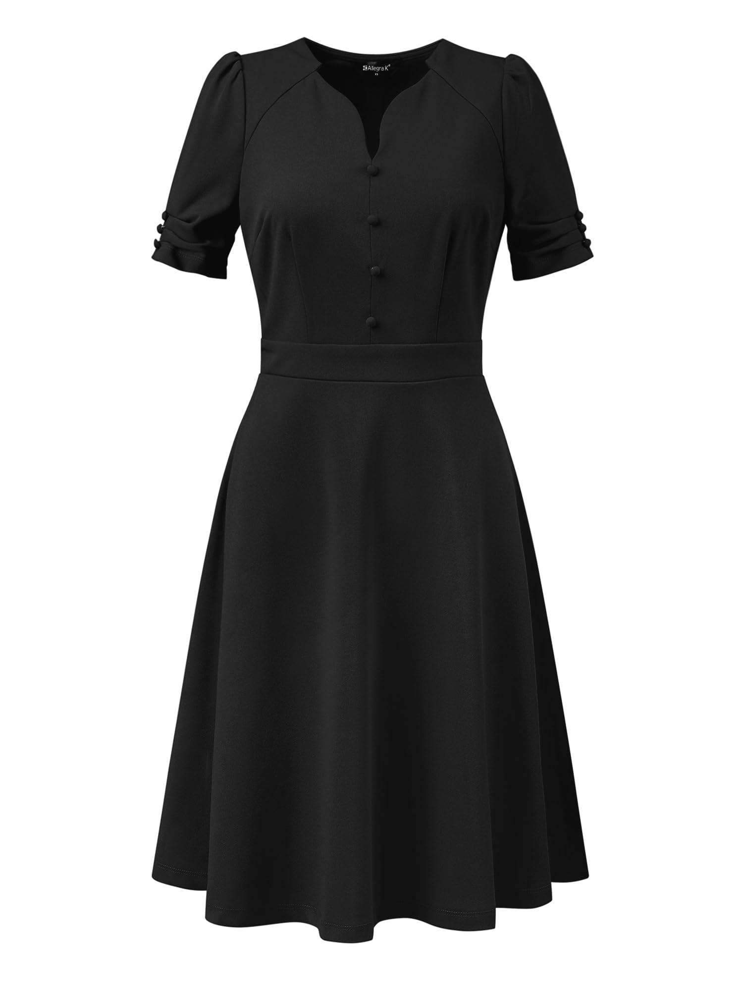 Allegra K Women's A-Line Dress, Pleated Short Sleeve, Sweetheart Neck, Elegant Business, Work Dresses for Women Black 4 0