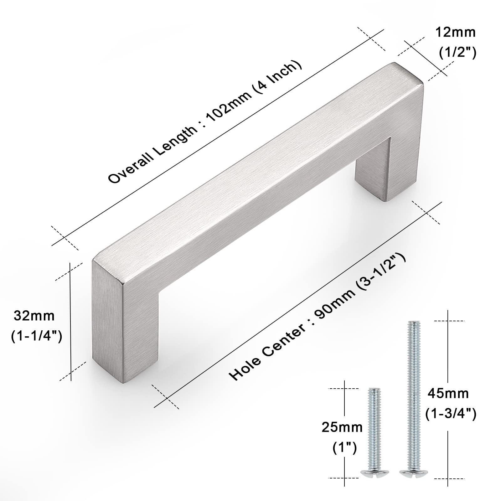 Probrico Stainless Steel Cabinet Handles, 102 mm Hole Center Cupboard Pulls, Square Furniture Handles, Brushed Nickel Cabinet Handle, Drawer Pulls, 25 Pack 2