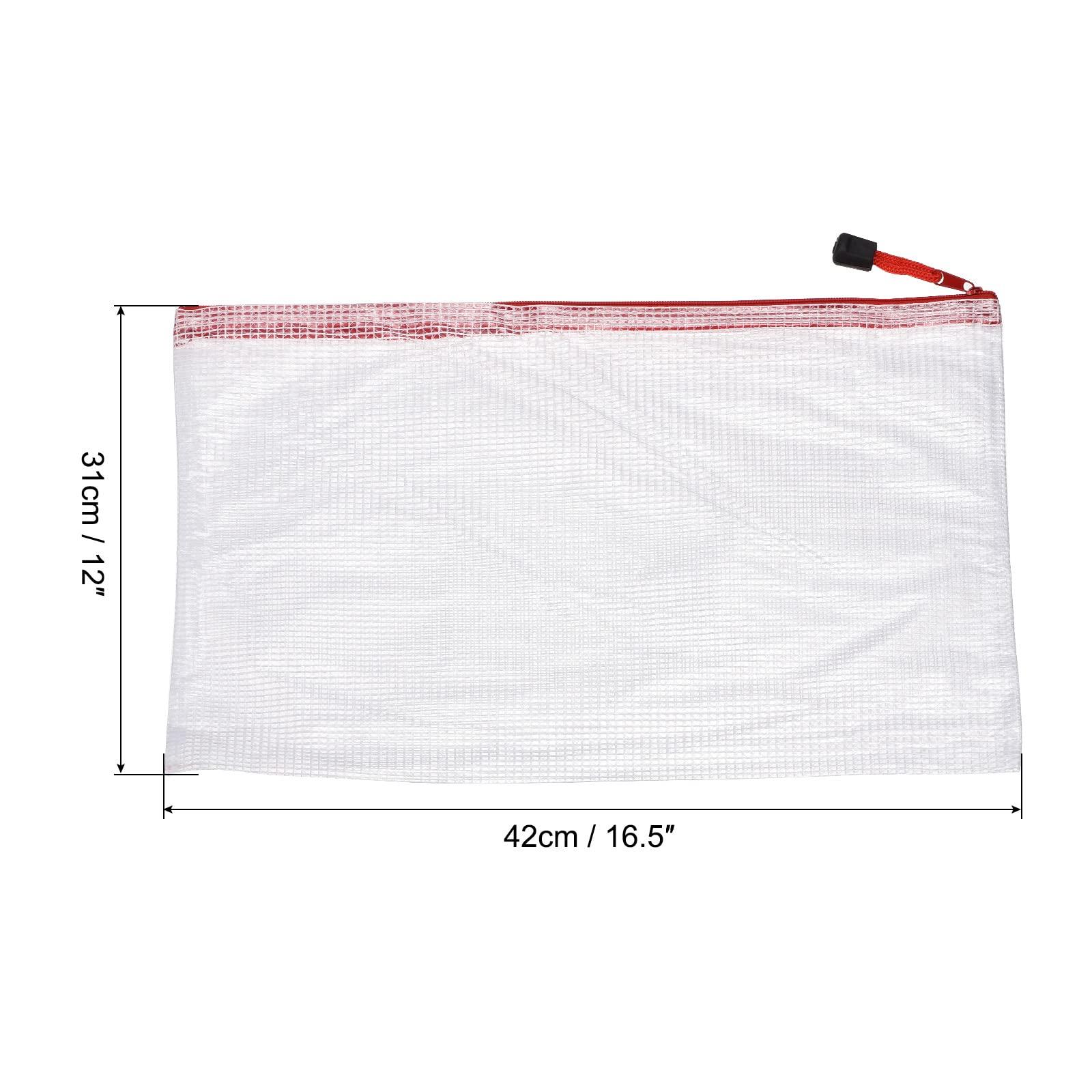 sourcing map Mesh Zipper Bags, A3 Size Plastic Zip File Pouch Document Folders for Home Office Travel, Red Pack of 3 6