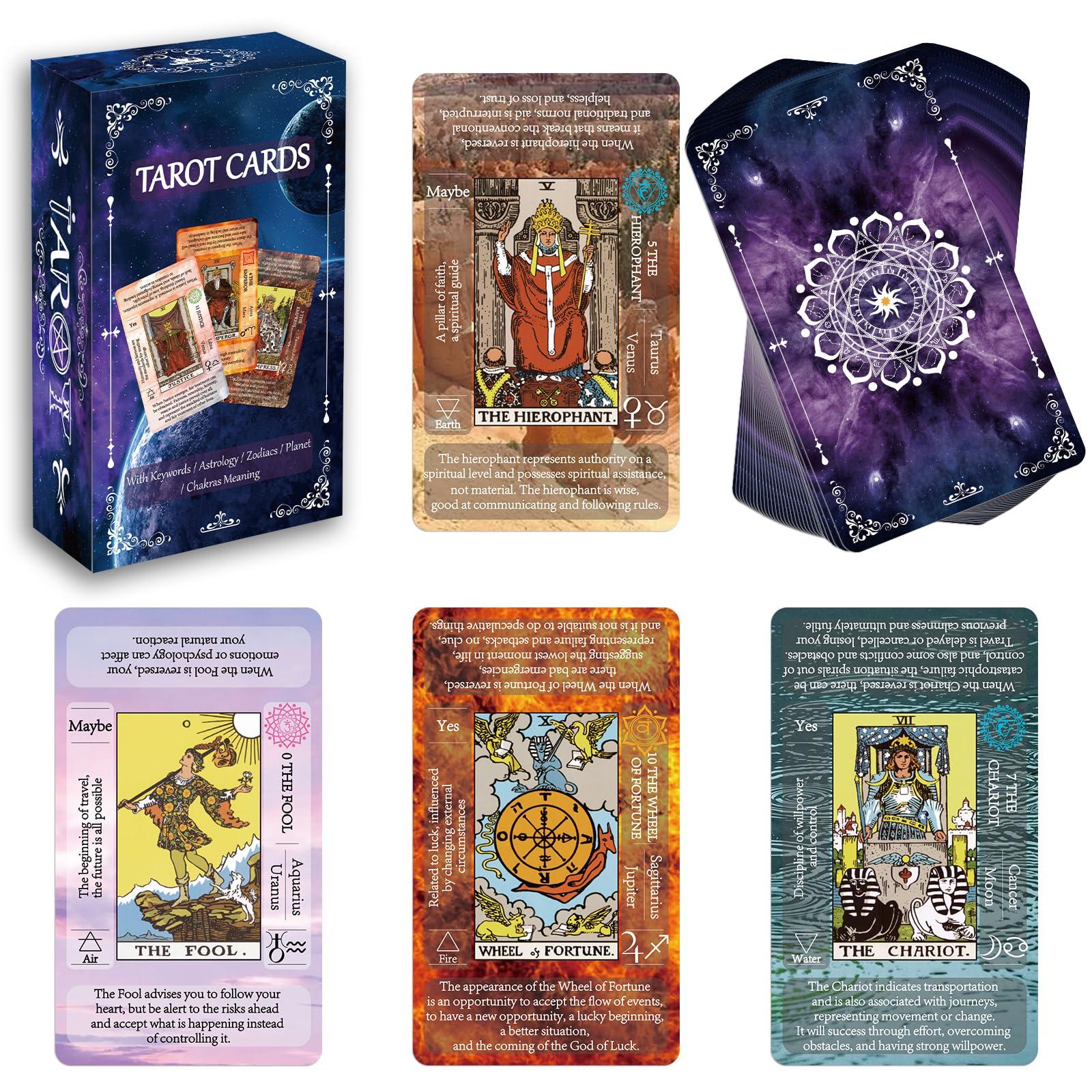 IXIGER Tarot Cards with Meanings on Them,tarot cards and book for beginners set,Learning Tarot Deck Fortune Telling Game with Keywords, Chakra, Planet, Zodiac, Element, Yes/No, Affirmations.