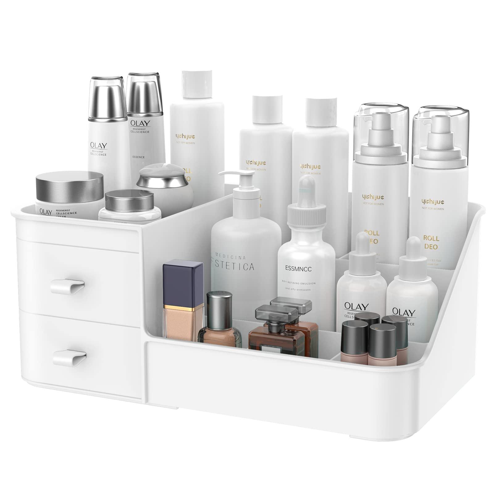 ICNOW Makeup Organiser Storage Drawers, Desk Makeup Cosmetic Organizer Skincare Organiser Beauty Caddy Display Storage Box for Bathroom Bedroom Office-White
