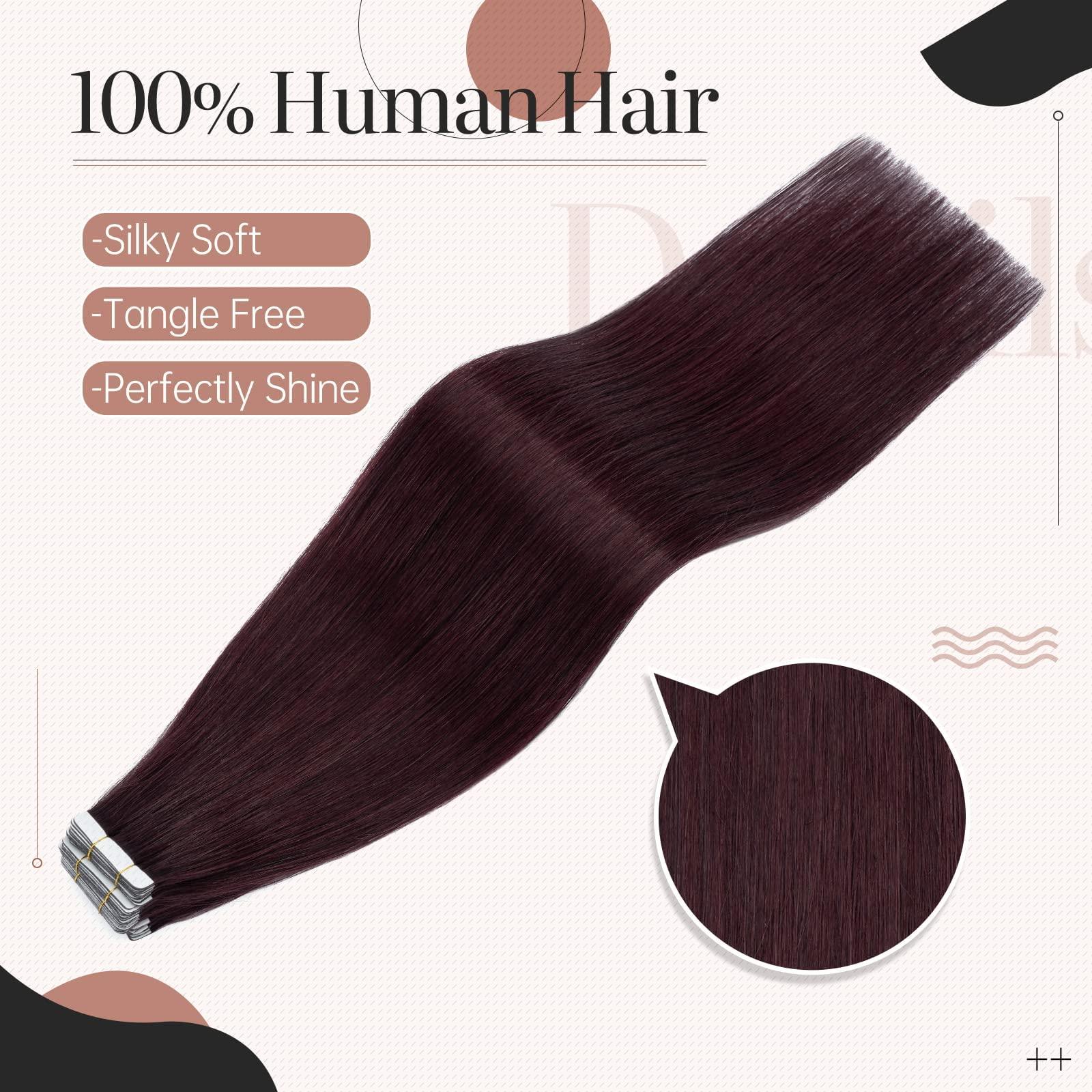 Silk-co 20pcs Tape in Hair Extensions 100% Remy Human Hair Straight Skin Weft Hair Extensions (12inch 40g, 20pcs/set, 99J Wine Red) 2