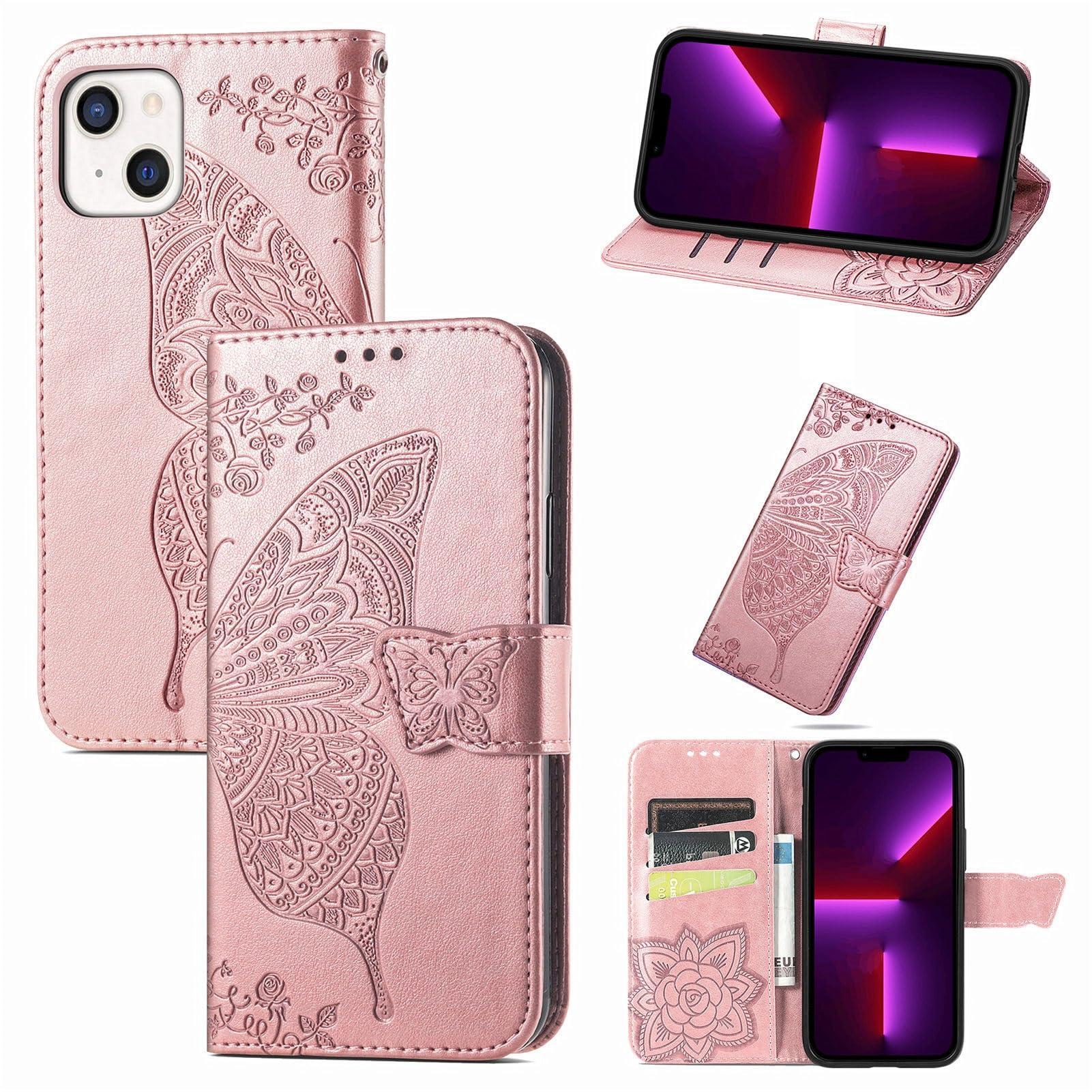 Bizzib for iPhone 13 5G Case Magnetic Closure Wallet,Embossed Floral Butterfly Leather Folio Flip Case with Wristlet and Card Slot Shockproof Protective Cover for Women Girls-Rose Gold 0