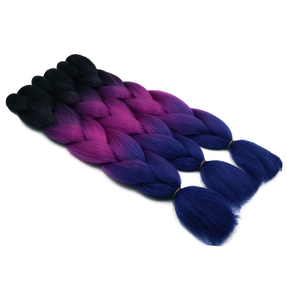 Cybelleza 24inch Braiding Hair Extensions for Braiding Ombre Jumbo Braiding Synthetic Hair 3PCS 300g Crochet Hair Box Braids for Women Braiding, Black & Fuchsia & Blue Purple 3