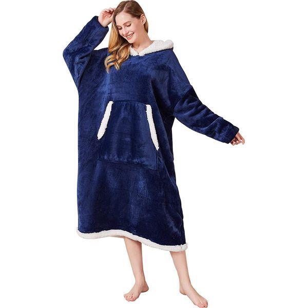 Oversized Blanket Hoodie for Women & Men, 400 GSM Sherpa Warm Cozy Long Wearable Snuggle Hoodie for Adults, TV Blanket Over Length, Navy 0