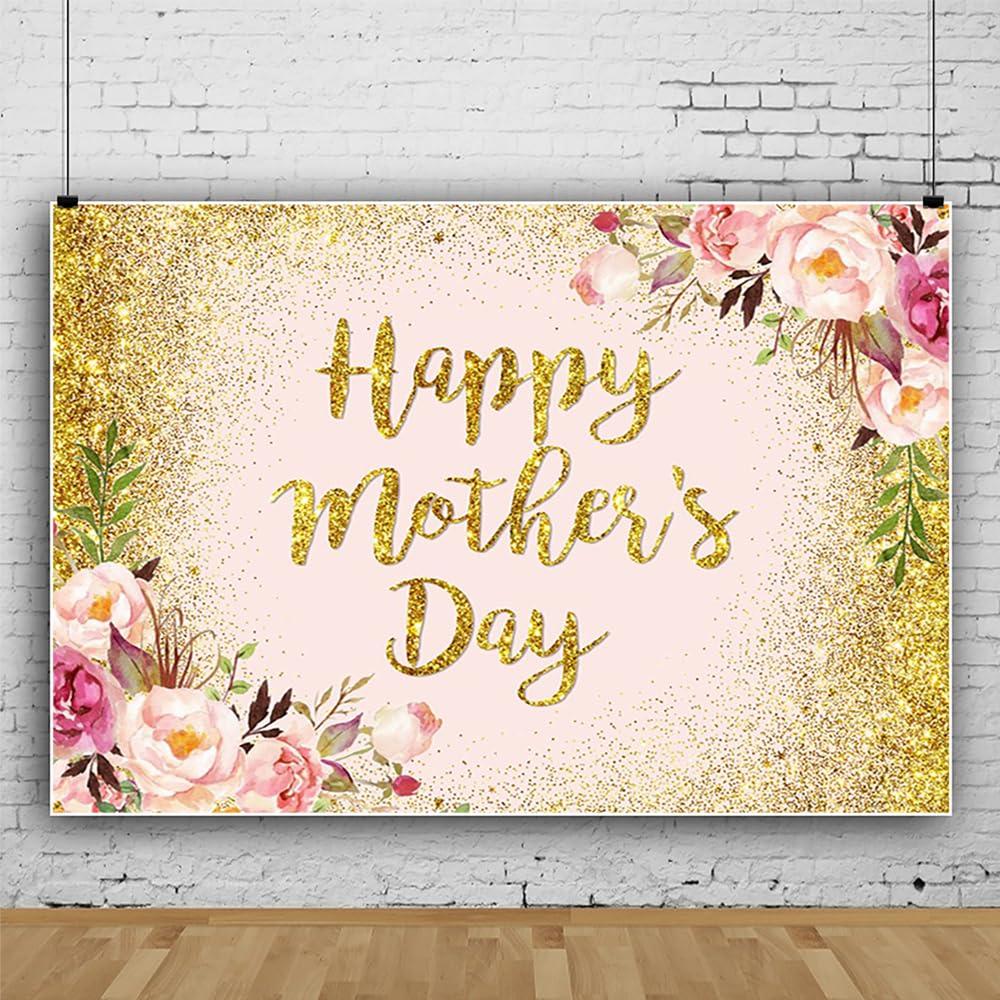 SDOTPMT 7x5ft Happy Mother's Day Backdrop Watercolor Pink Floral Dripping Gold Glitter Dots Photography Background for Pastel Mothers Day Banner Photo Studio Props 2