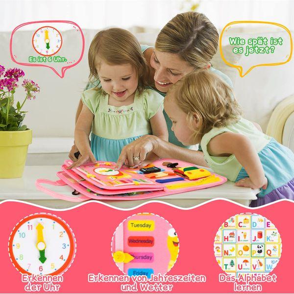 ACDAY Busy Book for 2 Year Old, Busy Board Montessori Sensory Toys for 1 3 4 Year Old, 4-Layer Quiet Book Lightweight & Portable Activity Board(Pink) 2