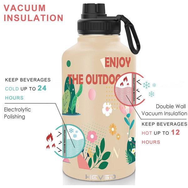 64oz Water Bottle Stainless Steel,Vacuum Insulated Water Bottles,Smoothie Bottle Cycling Bottle Cold 24H/Hot 12H Double Walled Travel Water Bottle-Stickers Not Included(Beige Illustration) 1