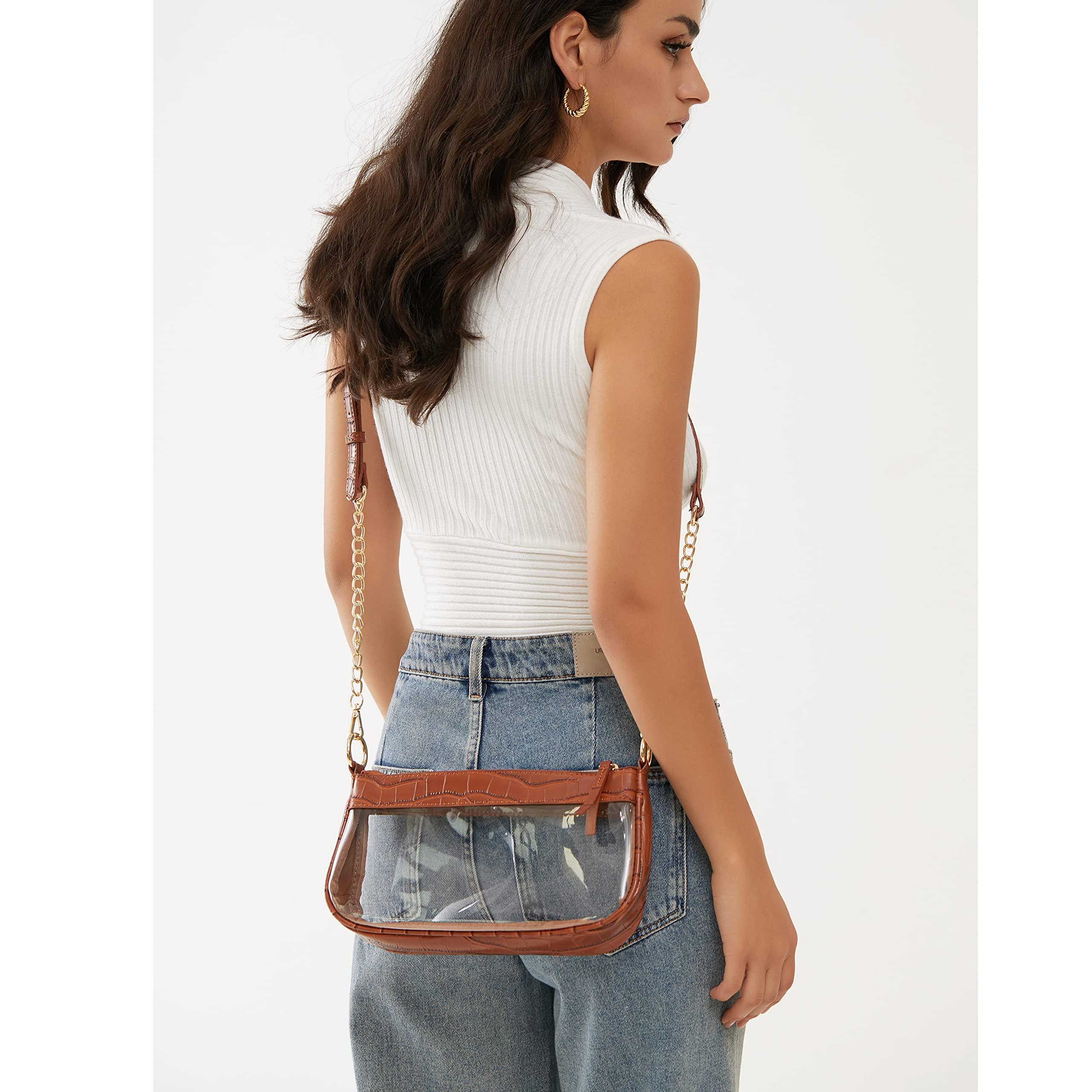 Clear Shoulder Handbag PVC Classic 90s Purse Women Vegan Leather Crocodile Corssbody Bag, Brown, M 2