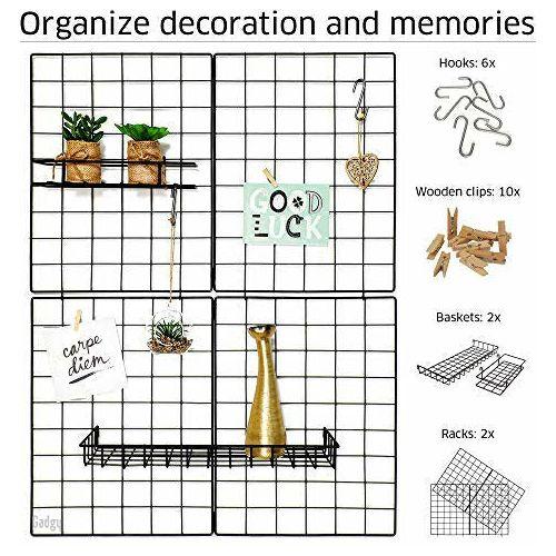 Gadgy Set of 2 Foldable Wall Grid Decoration | Metal Organizer Memo Board with Accessories | Wire Mesh Panels for Pictures Storage | Aesthetic room decor in Nordic Style | 31,5 x 23,5 Inch. 1