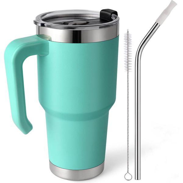 EQARD Tumbler with Straw Lid and Handle 30oz Travel Mug with Leakproof Lid Stainless Steel Vacuum Insulated Cup with Handle and Tube Brushes Coffee Mug for Hot Iced Drink BPA Free 0