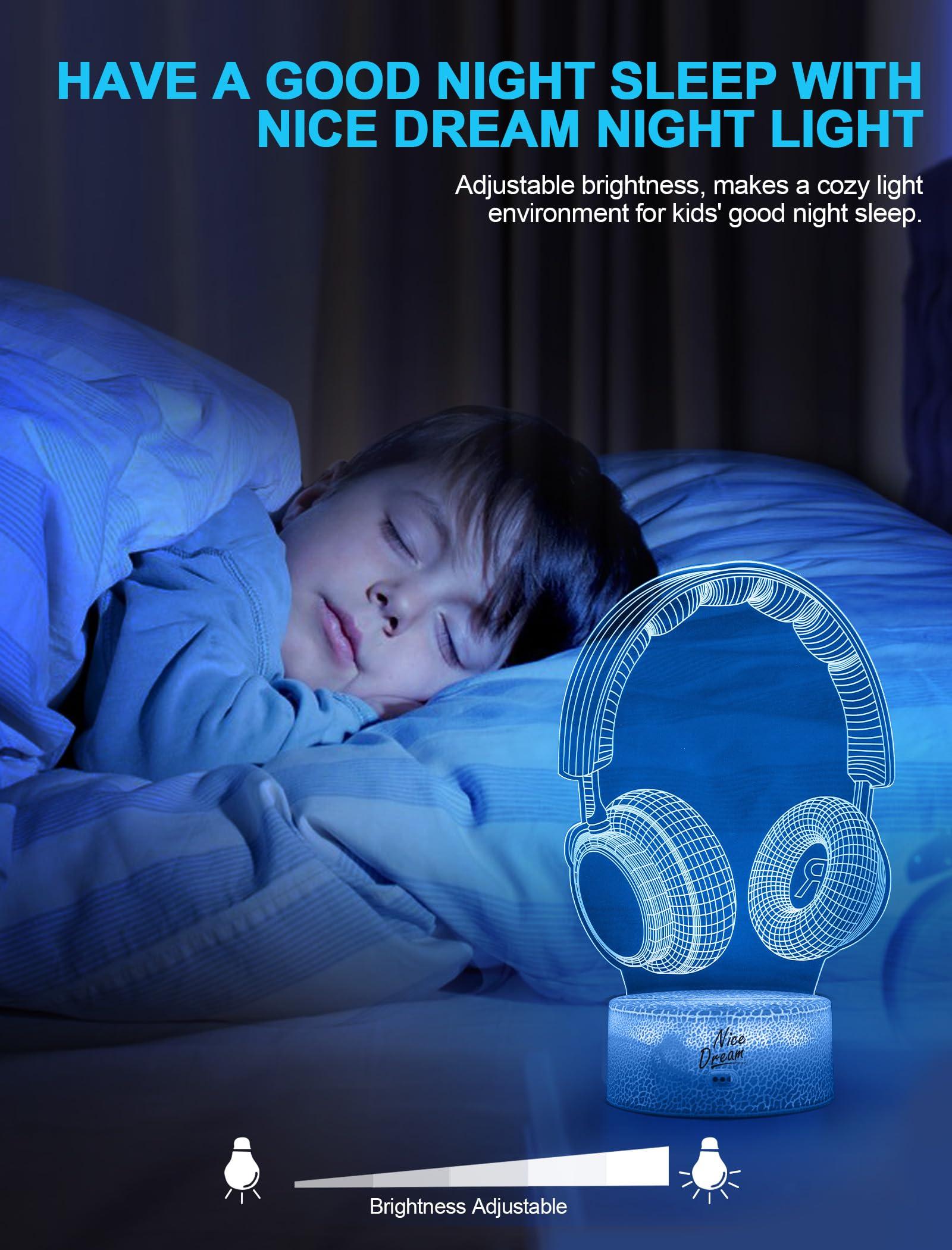 Nice Dream Headphones Night Light for Kids, 3D Illusion Night Lamp, 16 Colors Changing with Remote Control, Room Decor, Gifts for Children Boys Girls 3