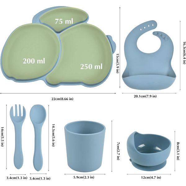 Hoseay Baby Led Weaning Set Silicone Baby Feeding Set 6 Pcs with Suction Plate Bowl Cup Bib Fork Spoon Baby Plate Set First Meal Cutlery for Toddlers Babies Kids, Blue Rabbit 1