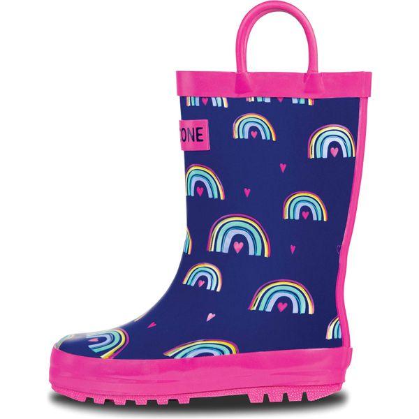 Lone Cone Rain Boots with Easy-On Handles in Fun Patterns for Toddlers and Kids, Hearts and Rainbows, 1 Little Kid
