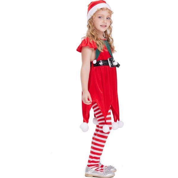 IKALI Christmas Elf Costume Girls Santa Claus Helper Suit Kids Fancy Dress Up Outfit with Long Stockings Xmas Hat 3-4Y 1