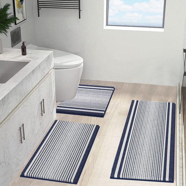 McEu Bath Mats for Bathroom Sets 2 Piece, Non Slip Chenille Bath Mats and U Shaped Toilet Mat Set, Machine Washable Fluffy Thick Absorbent Bathroom Rugs(120x51+51x51,Blue)