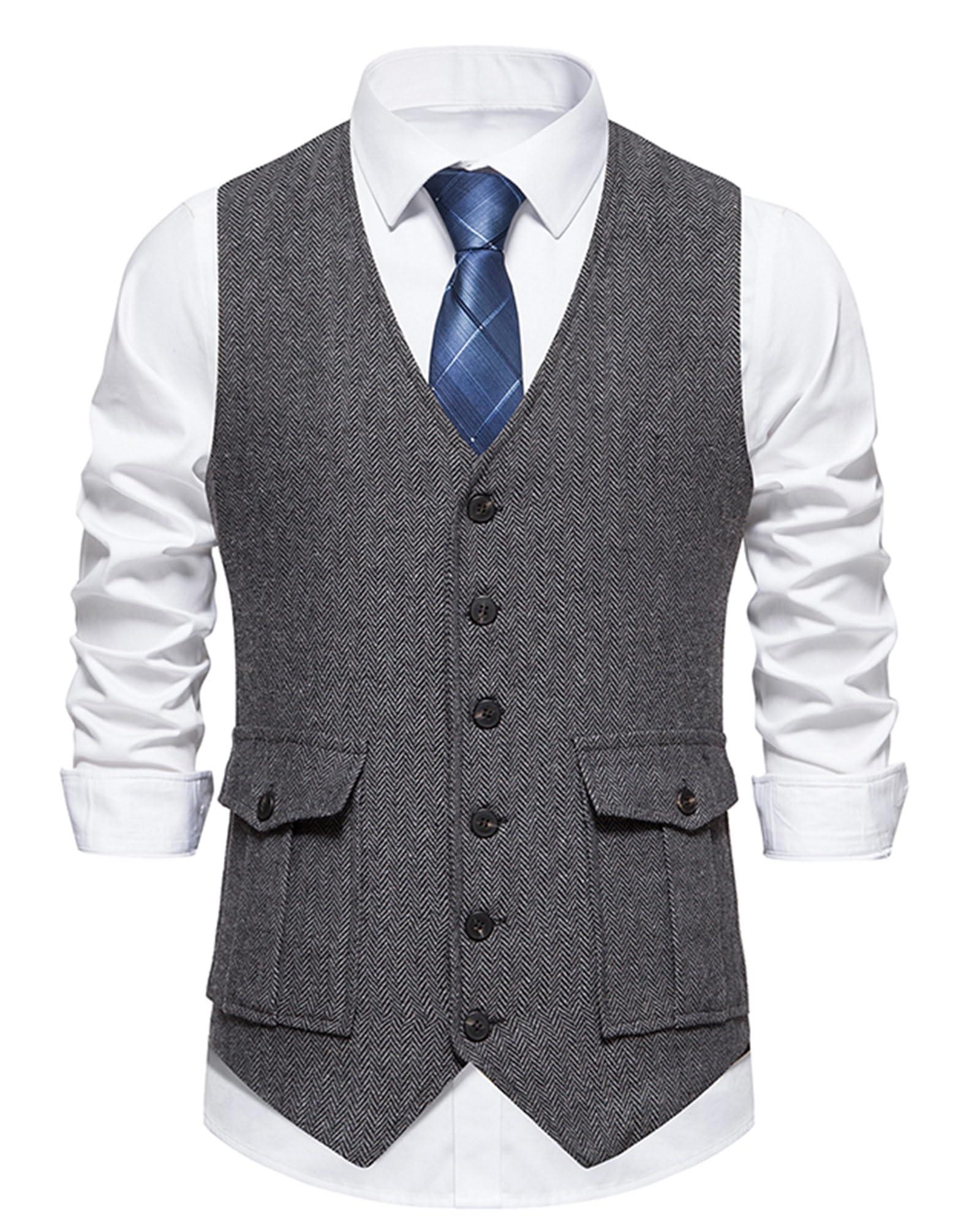 MakingDa Men's Waistcoat V Neck Sleeveless Formal Party Wedding Tweed Waistcoats Classic Business Casual Single-breasted Dress Suit Vest with Pocket-Z-Dark Grey-L 0