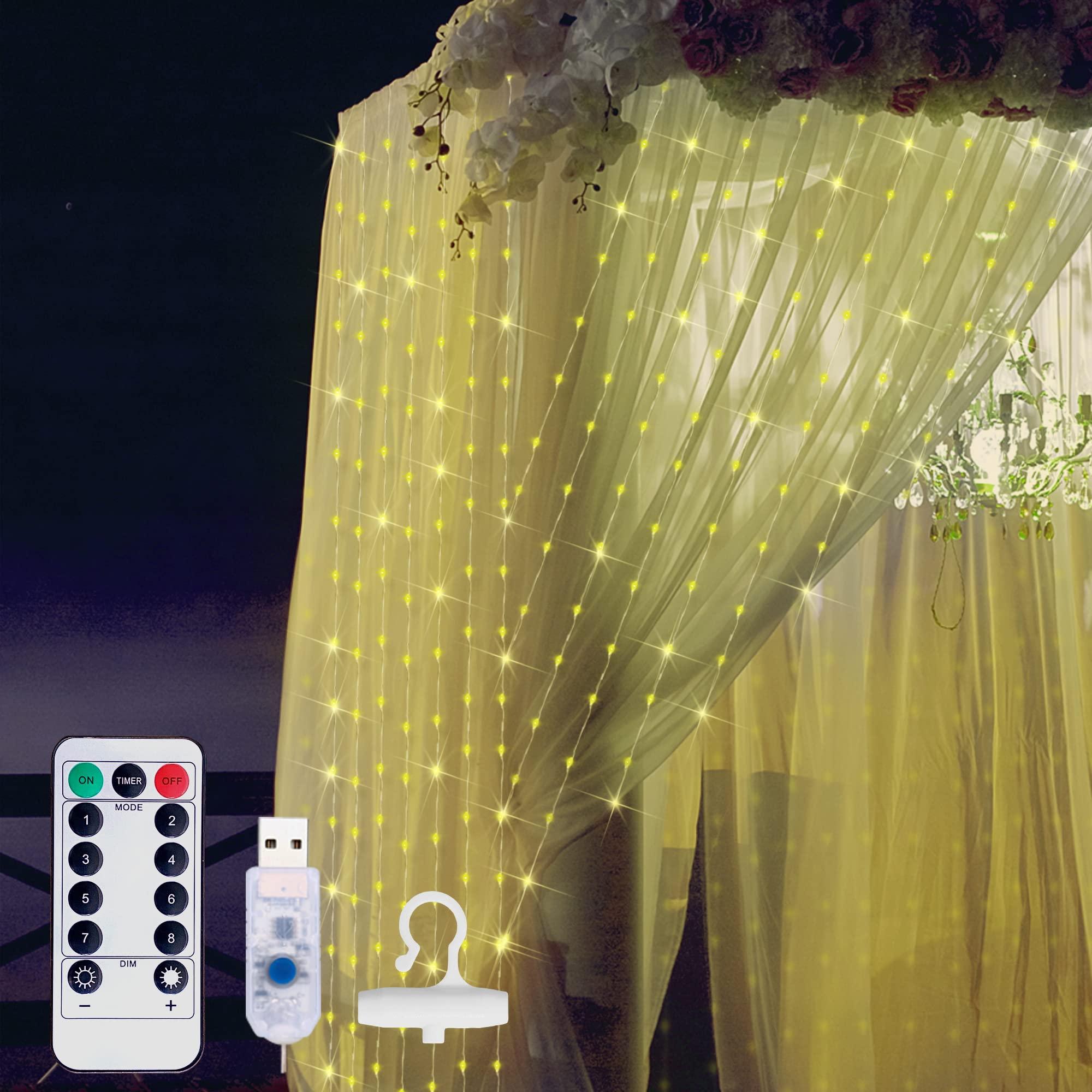 Curtain Lights with Remote Control 300LED Fairy Light 8 Lighting Modes USB Powered for Bedroom Garden Party Wedding Christmas, Ideale Gift for Family Friends Warm White(3 * 3 Meters)