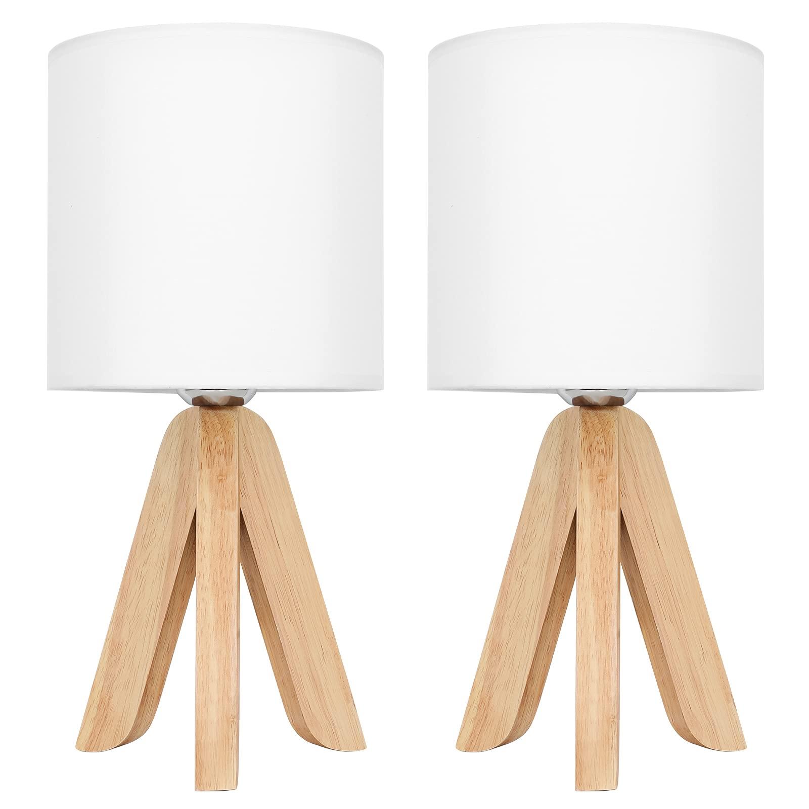 UOMIO Wooden Lamps Set of 2 Tripod Table Lamps Wooden Base and Fabric Shade Lights Small Bedside Lamp for Warm Atmosphere Bed Room Living Room Decoration 1