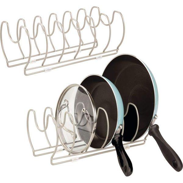 mDesign Set of 2 Pot Lid and Pan Racks - Metal Wire Rack for Cookware Storage - Freestanding Pan Stand for Pans, Pots, Lids and Crockery - Matte Silver 0