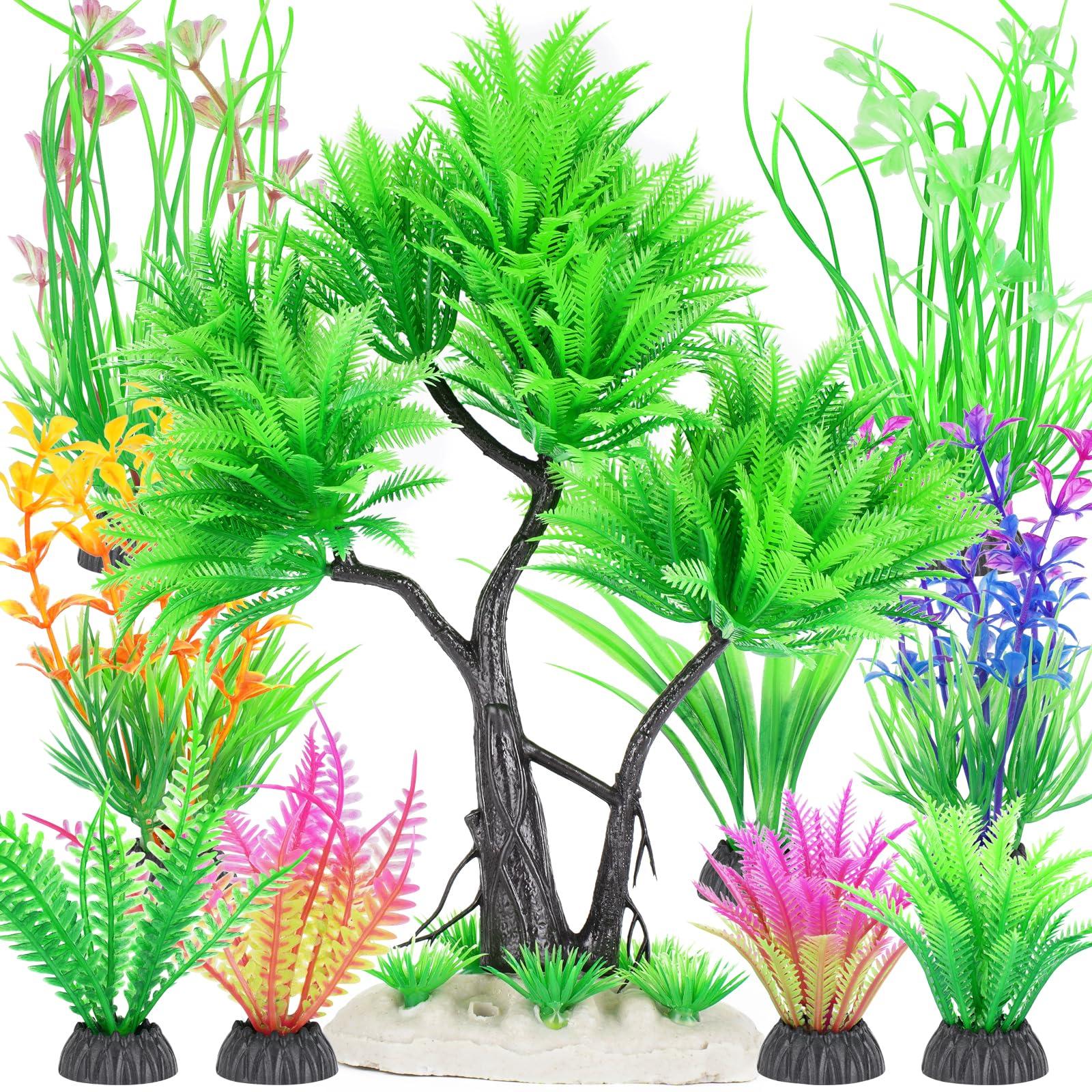 Borlech Aquarium Plastic Plants Artificial Decorations, Medium Fish Tank Fake Tree Plant Decor Ornaments Accessories (Green)