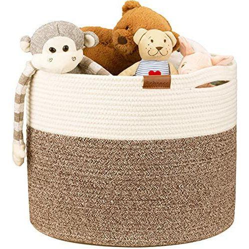 Febzoce Large Cotton Rope Basket with Handles, Woven Storage Basket for Toy Blankets Pillows or Laundry - White/Brown, H35 x D40 CM 2