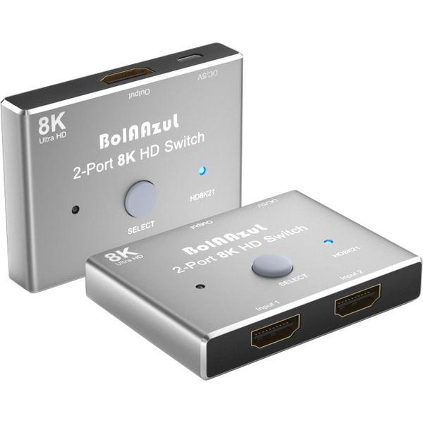 8K HDMI 2.1 Switch Splitter 2 in 1 Out, BolAAzuL HDMI 2.1 Switcher Adapter -Silver- 8K@60Hz 4K@120Hz 48Gbps 2 Way HDMI a/b Switch 2 Input 1 Output for X-Box PS5 PS4 Blue-ray Player Projectors Monitors