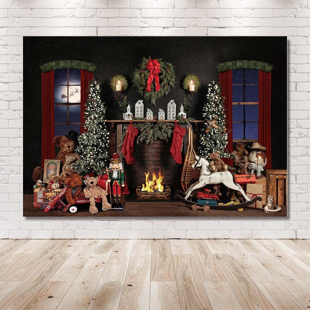 MEHOFOND 7x5ft Christmas Backdrop Xmas Tree Bear Fireplace Fire Christmas Wreath Toy Photography Background Family Festival Party Decoration Banner Portrait Photo Studio Props Supplies 1