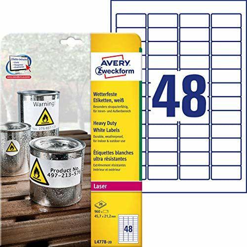 Avery L4778 white heavy duty polyester laser labels, 45.7 x 21.2mm label size, 48 labels per sheet, BOX of 20 sheets 0