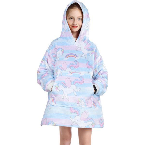 Queenshin Unicorn Wearable Blanket Hoodie,Oversized Sherpa Comfy Sweatshirt for Kids Teens Girls 7-16 Years,Warm Cozy Animal Hooded Body Blanket Pink 2