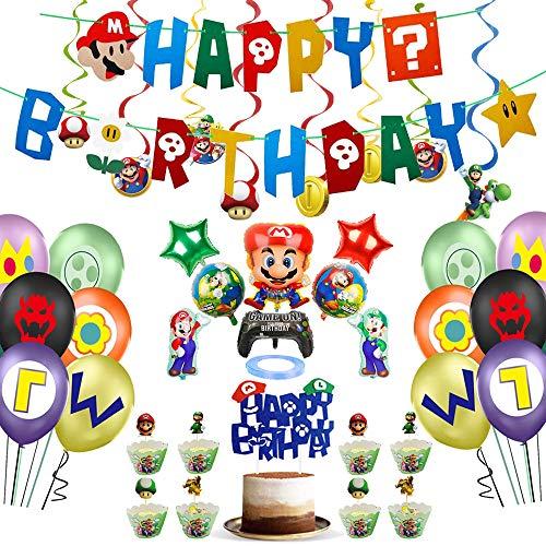 Happy Birthday Party Supplies Kit-Happy Birthday Banner,Balloon,Cake and Cupcake Toppers, Cup Cake Wrapper,Hanging Swirls for Kids Room Decor/ Birthday Party Decoration