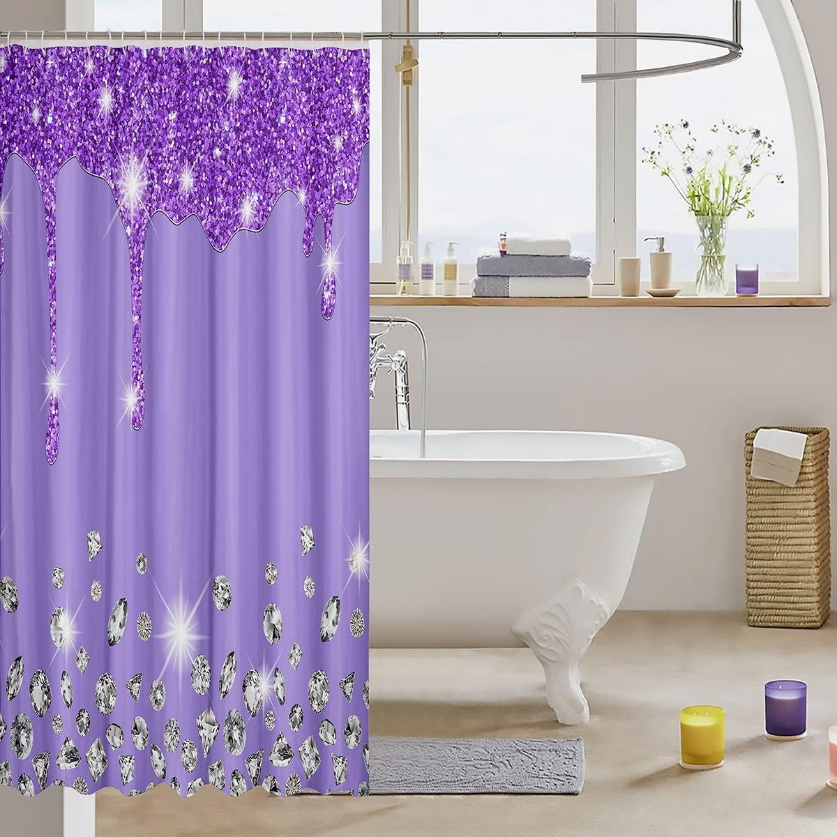 Loussiesd Silver Glitter Shower Curtain (No Glitter) Bling Partyations Purple Bathroom Fabric Shower Curtain Set for Diamond and Jewelry Bath Curtain Waterproof Curtains Stalls Bathtubs 72x94 Inch 2