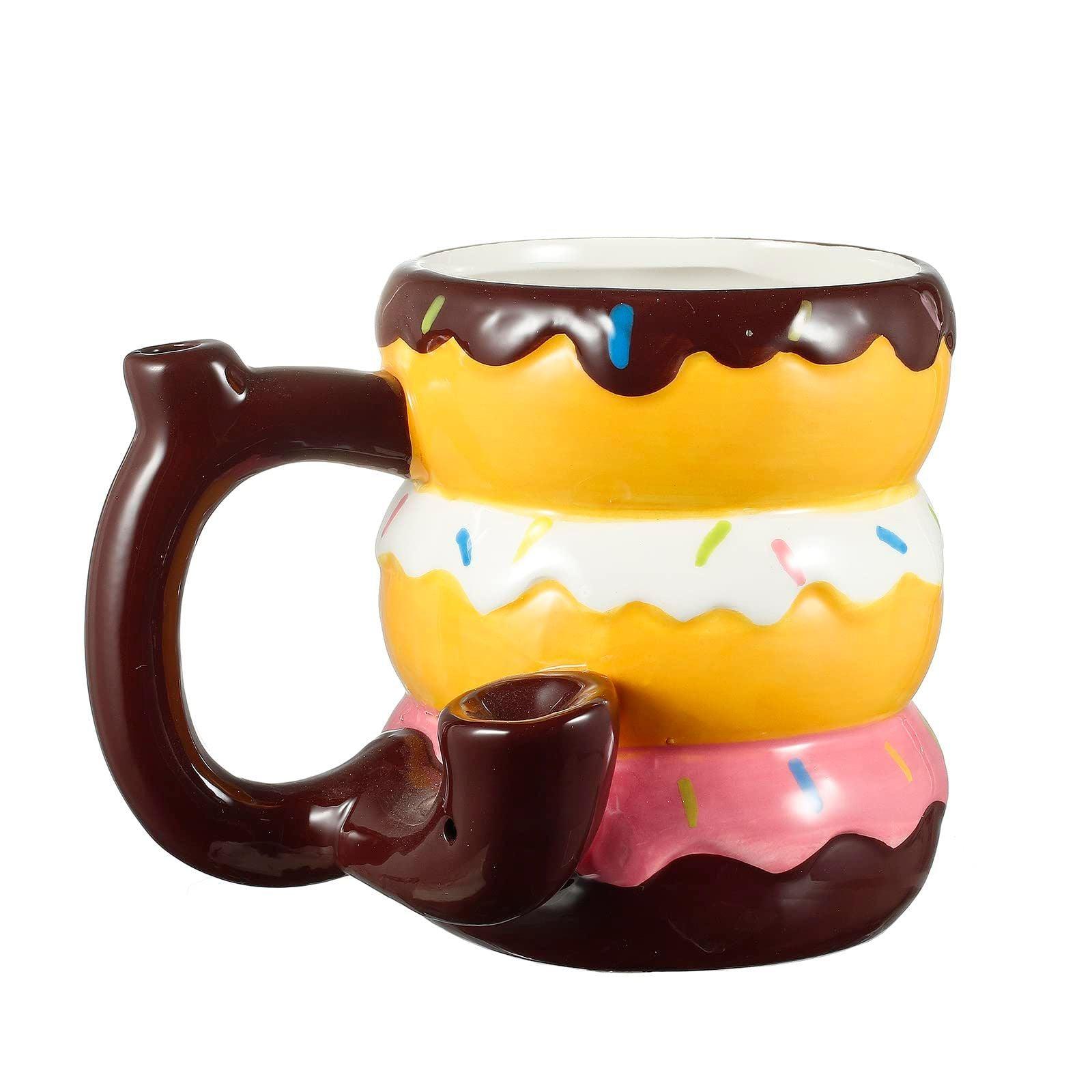KTF Donut Roast & Toast Coffee Mug with Pipe, Ceramic Wake n Bake Mug Holds Approx 16 oz (Donut)