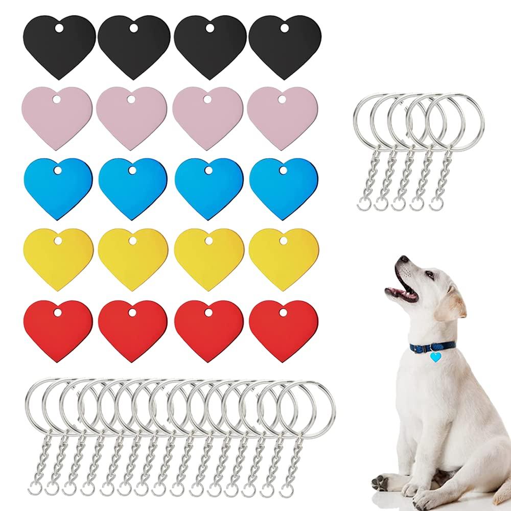 20 Pcs Pet ID Tags Colorful Heart Dog Name Tags Personalized Heart Blank Pet ID Tags with Key Rings for Dogs Cats Puppy